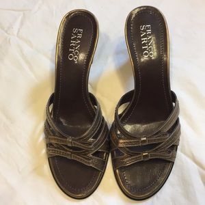Franco Sarto Brown and Gold Leather Heeled Sandals